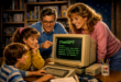 image de famille réunie autour d’un PC vintage affichant ChatGPT pour illustrer les pubs rétro