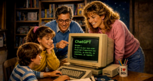 image de famille réunie autour d’un PC vintage affichant ChatGPT pour illustrer les pubs rétro