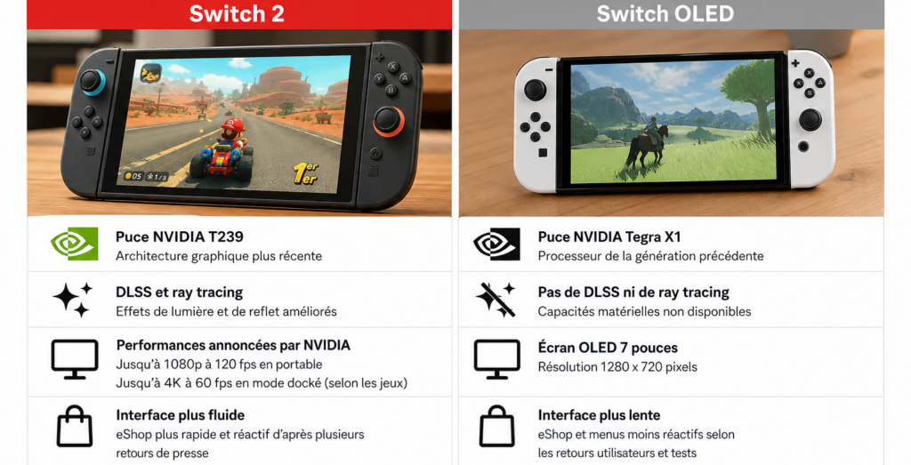 Image illustrant la comparaison des spécificités de la Switch 2 et de la Switch OLED