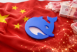 Logo DeepSeek sur un drapeau chinois avec billets et réseau d’IA lumineux.