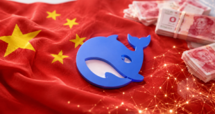 Logo DeepSeek sur un drapeau chinois avec billets et réseau d’IA lumineux.