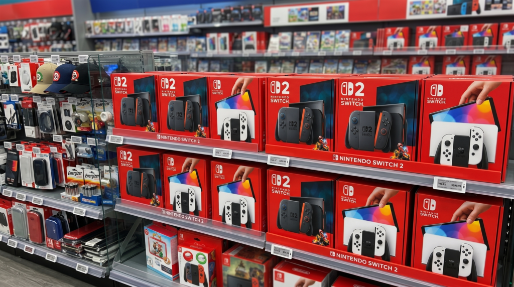 Image représentant des consoles Switch 2 et Switch OLED dans un magasin
