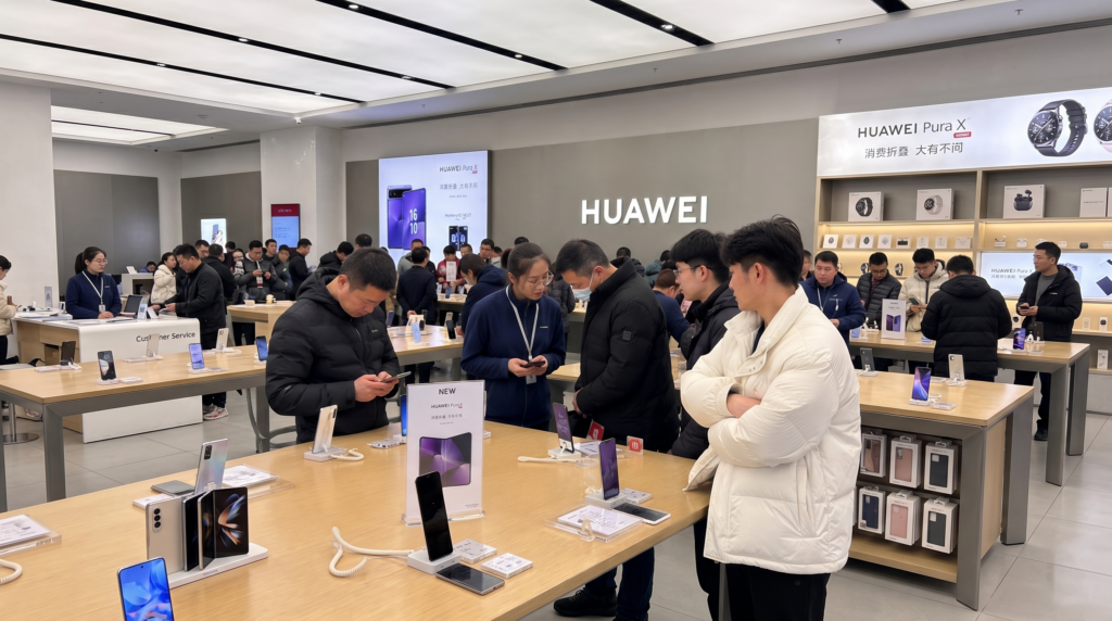 Des gens dans un magasin de smartphones Huawei