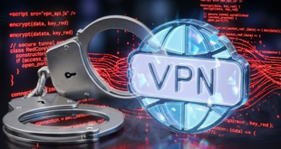 VPN à côté d'une paire de menottes et des lignes de codes illustrant First VPN