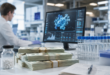 Laboratoire pharmaceutique moderne avec IA biomédicale et piles de dollars.