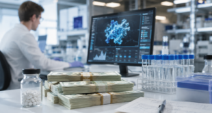 Laboratoire pharmaceutique moderne avec IA biomédicale et piles de dollars.
