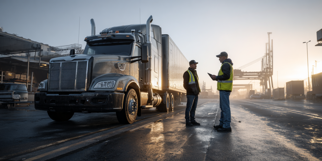 Commercial transport consultant une fiche contact CRM sur tablette devant un camion semi-remorque à quai, petit matin industriel, gestion de la relation client en logistique.