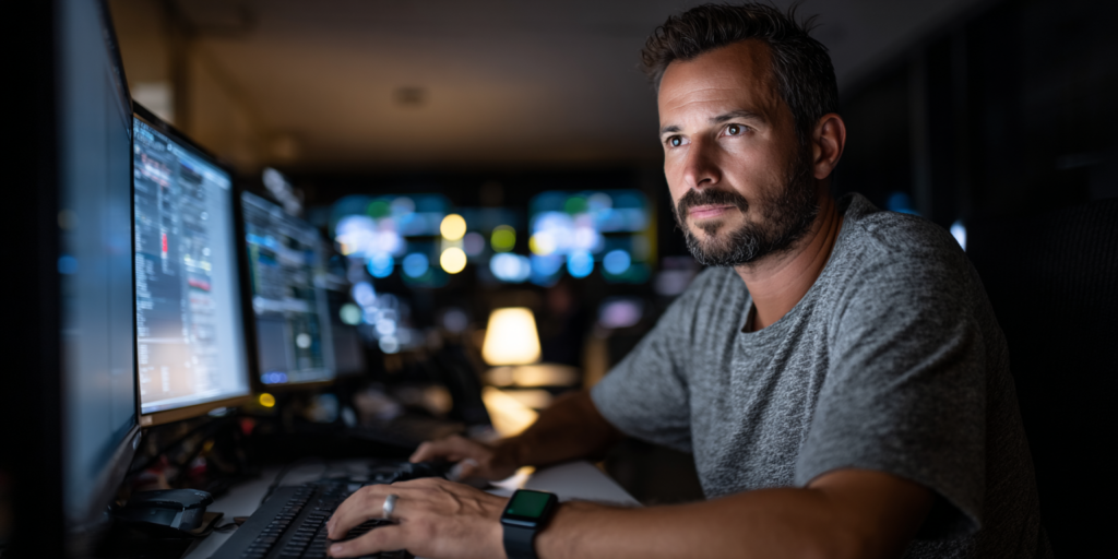 Dispatcher logistique consultant un pipeline CRM en temps réel sur son poste de travail de nuit, notification de deal sur smartwatch, ambiance centre de contrôle transport.