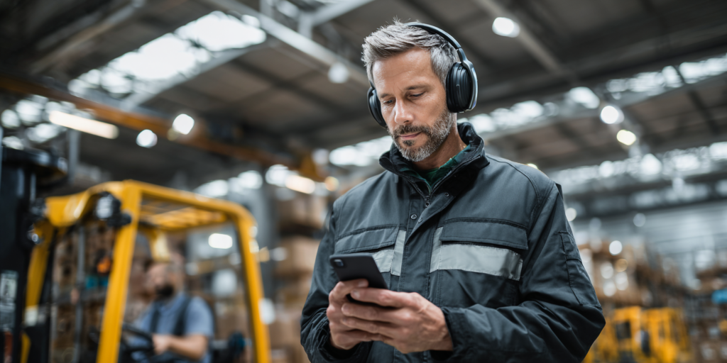 Responsable logistique consultant des prévisions de vente sur smartphone dans un entrepôt actif, lumière industrielle contrastée, CRM HubSpot transport en situation réelle.
