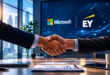 Poignée de main entre Microsoft et EY dans une salle de réunion moderne, avec hologramme numérique et ambiance corporate futuriste illustrant un partenariat stratégique autour de l’IA.