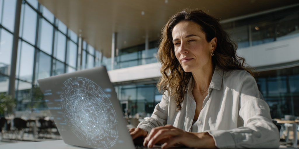 Responsable marketing planifiant des publications sur réseaux sociaux dans un open space moderne avec interface holographique de calendrier éditorial.
