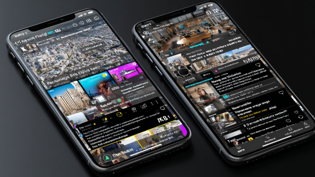 Deux smartphone affichés côte à côte affichant des systèmes d'édition vidéo et de sous-titrage 