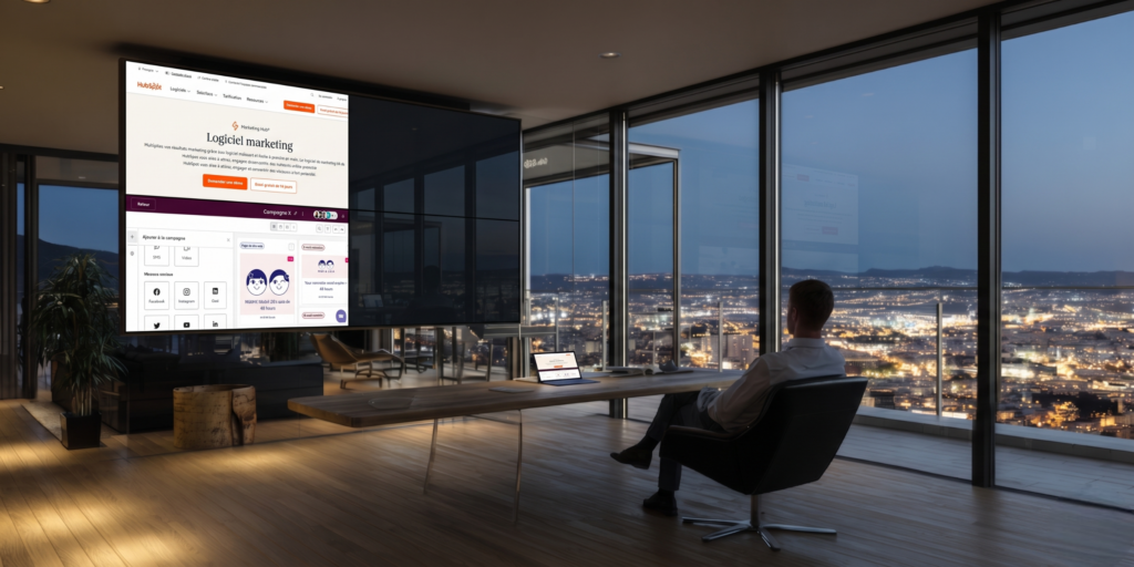 Directeur marketing analysant des KPI de réseaux sociaux sur écran mural affichant HubSpot dans un bureau exécutif moderne en soirée.