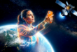 Femme point son iPhone 18 Pro vers un satellite