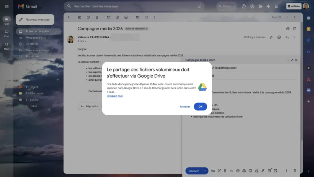 Limites de taille des pièces jointes dans Gmail : Google Drive s’active automatiquement au-delà de 25 Mo pour partager des fichiers volumineux.