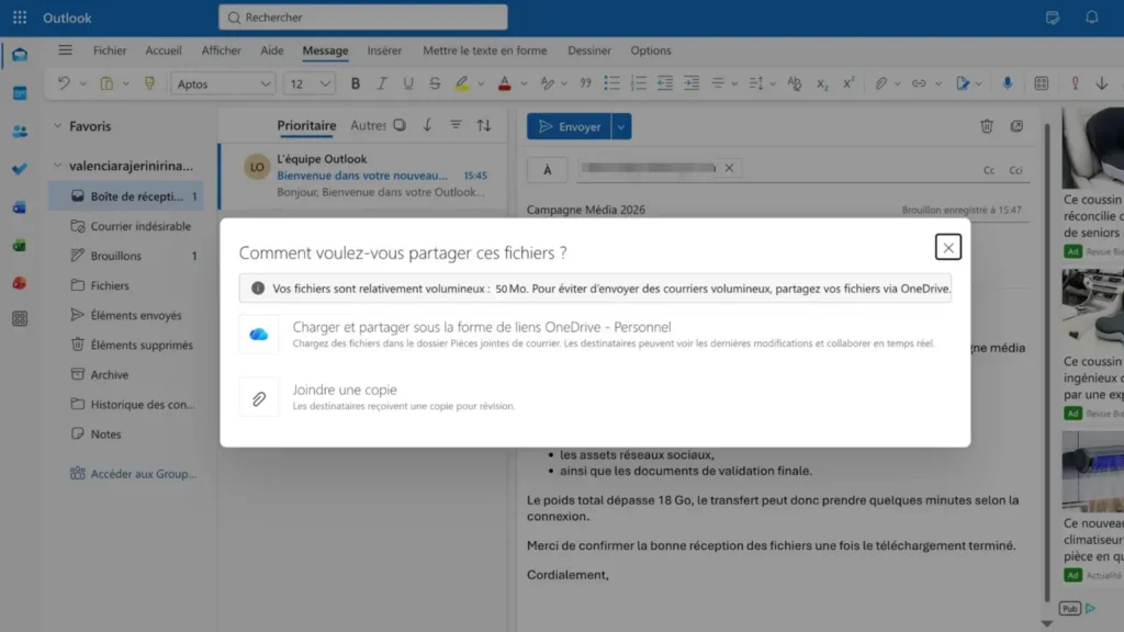 Limites de taille des pièces jointes dans Outlook : au-delà de certains fichiers volumineux, Microsoft propose automatiquement un partage via OneDrive plutôt qu’une pièce jointe classique.