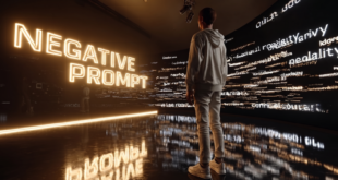 Un jeune dans une piece avec des textes qui déflient sur le mur dont les mots "NEGATIVE PROMPT" mis en avant