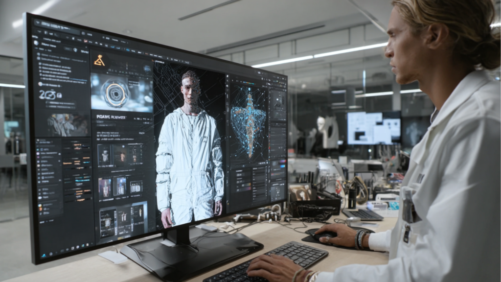 Une personne devant son PC modélisant un personnage 3D à travers son PC