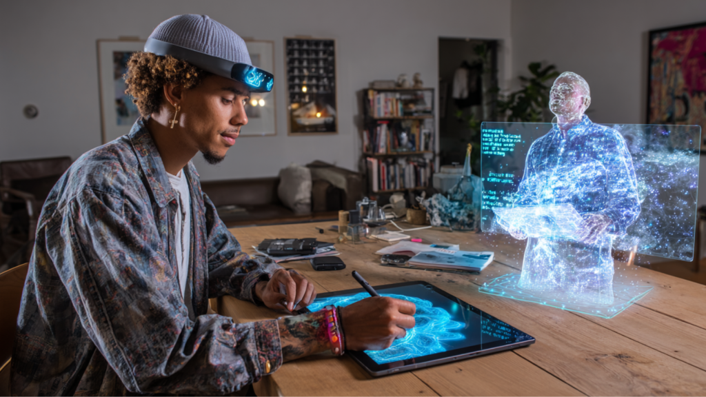 Un jeune modélise un personnage 3D holographique à travers une tablette