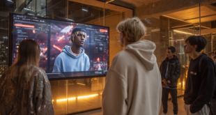 Un groupe de jeune devant un personnage 3D