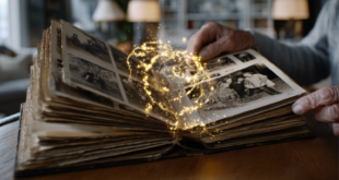 Vieil album photo ouvert avec des symboles et lumières numériques qui sortent des photos