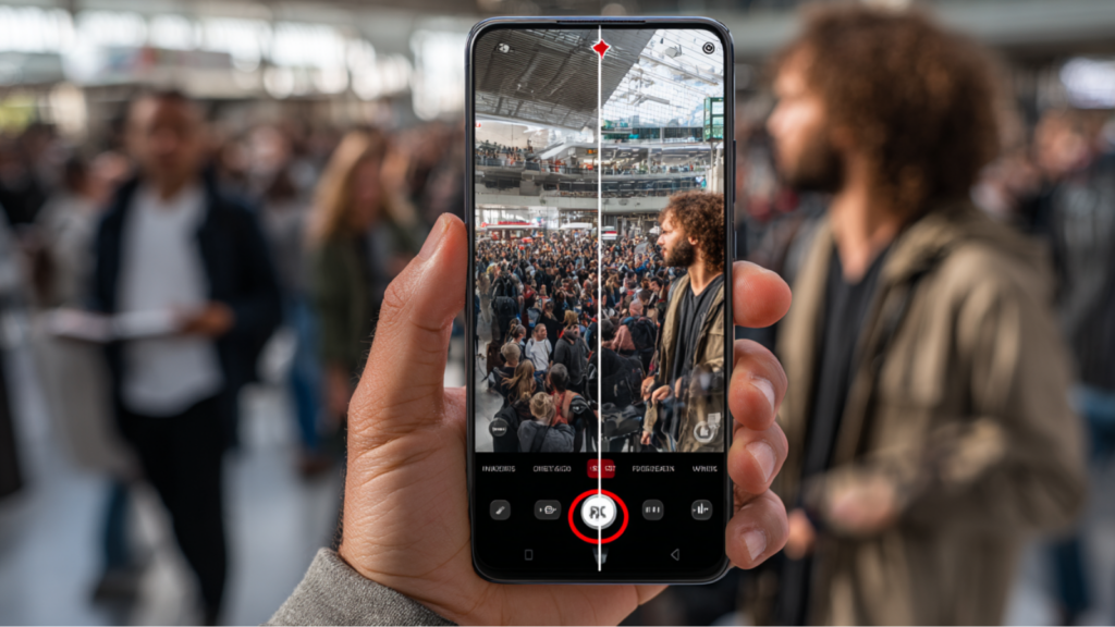 Pov d'une personne tenant un smartphone avec un système de défilement qui permet d'enlever des éléments ou des personnes de l'image