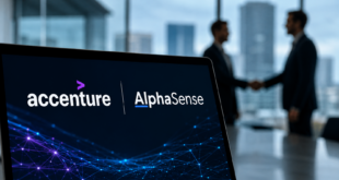 Accenture et AlphaSense affichés sur un écran lors d’un partenariat stratégique, avec une poignée de main entre deux dirigeants en arrière-plan dans un bureau moderne.