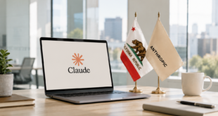 Ordinateur affichant le logo Claude dans un bureau moderne avec les drapeaux de la Californie et d'Anthropic.