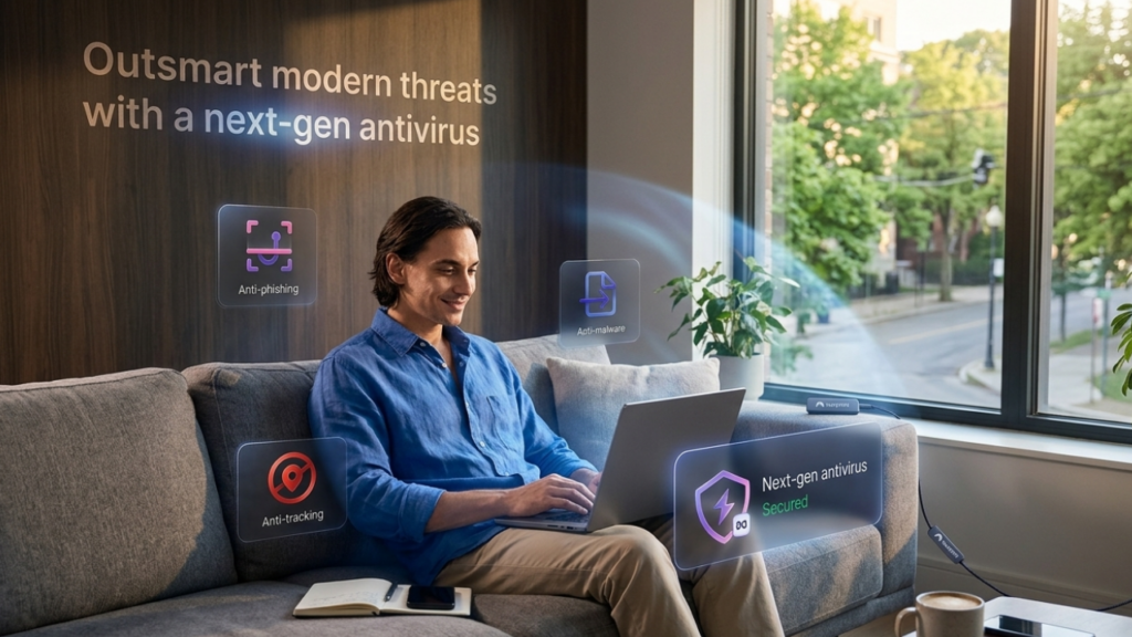 Un homme assis sur un canapé utilise son ordinateur portable sécurisé par un antivirus de nouvelle génération. Des icônes holographiques affichent les fonctionnalités anti-phishing, anti-malware et anti-tracking. Le texte sur le mur indique Outsmart modern threats with a next-gen antivirus