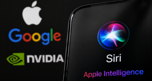Gros plan d’un smartphone affichant Siri et Apple Intelligence, avec les logos d’Apple, Google et NVIDIA en arrière-plan.