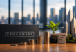 Logo Benchmark entouré de piles de pièces et de mini-startups, illustrant la levée de 2 milliards de dollars et la stratégie de croissance du fonds de capital-risque.