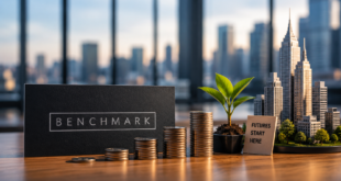 Logo Benchmark entouré de piles de pièces et de mini-startups, illustrant la levée de 2 milliards de dollars et la stratégie de croissance du fonds de capital-risque.