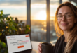 Responsable support client souriante devant son ordinateur portable affichant le CRM HubSpot dans un bureau ensoleillé.