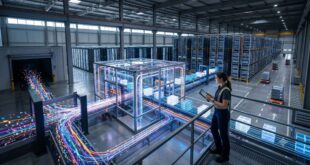 Une femme supervise des flux de données lumineux et chaotiques se transformant en cubes structurés dans un entrepôt moderne automatisé.