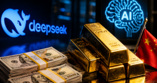 Logo DeepSeek lumineux entouré de lingots d’or, liasses de dollars, symbole d’intelligence artificielle et drapeau chinois.