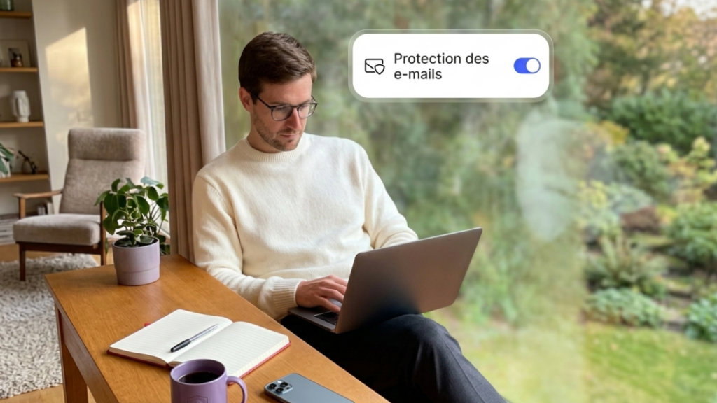 Un homme à lunettes travaille sur son ordinateur portable sur un bureau en bois, à côté d'un carnet ouvert, d'un smartphone et d'une tasse de café. Une notification indique Protection des e-mails avec un bouton activé. Arrière-plan lumineux avec vue sur un jardin.