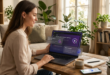 Une femme sourit en travaillant sur son ordinateur portable, protégé par un système de sécurité affichant des alertes contre le phishing et une protection anti-malware. Un smartphone avec une application de sécurité, une tasse de café et un carnet sont posés sur la table basse en bois.