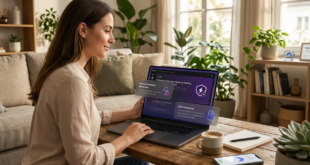 Une femme sourit en travaillant sur son ordinateur portable, protégé par un système de sécurité affichant des alertes contre le phishing et une protection anti-malware. Un smartphone avec une application de sécurité, une tasse de café et un carnet sont posés sur la table basse en bois.