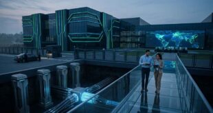 Deux professionnels marchent sur une passerelle en verre devant un complexe technologique moderne doté de flux de données lumineux.