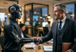un robot IA et un représentant des salariés passant un accord