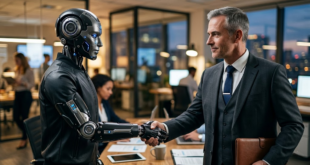 un robot IA et un représentant des salariés passant un accord