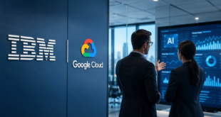 Collaboration entre IBM et Google Cloud pour accélérer le déploiement de l’IA en entreprise, dans un environnement de travail moderne avec tableau de bord analytique et technologies cloud.