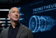 Jeff Bezos devant un écran affichant un moteur d’avion numérique et le projet Prometheus, une IA dédiée à l’ingénierie industrielle.