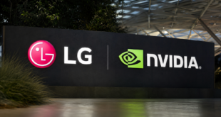Logo LG et logo NVIDIA affichés côte à côte devant un bâtiment moderne,