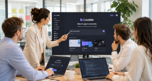 Une équipe de professionnels en réunion dans un bureau moderne utilise la plateforme Lovable affichée sur un grand écran pour développer des applications avec l’IA.
