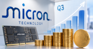 Illustration de Micron Technology avec puce mémoire, pièces d'or et graphique financier en hausse.