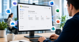 Employé utilisant Microsoft Scout, le nouvel agent IA autonome intégré à Microsoft 365, dans un environnement de bureau moderne.