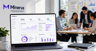 Équipe marketing en réunion dans un bureau moderne utilisant la plateforme IA Minerva pour analyser des données clients et optimiser des campagnes.