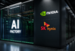 Centre de données futuriste illustrant une AI Factory, avec les logos NVIDIA et SK hynix au cœur d’une infrastructure dédiée à l’intelligence artificielle.