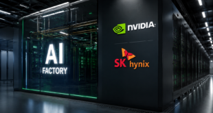 Centre de données futuriste illustrant une AI Factory, avec les logos NVIDIA et SK hynix au cœur d’une infrastructure dédiée à l’intelligence artificielle.
